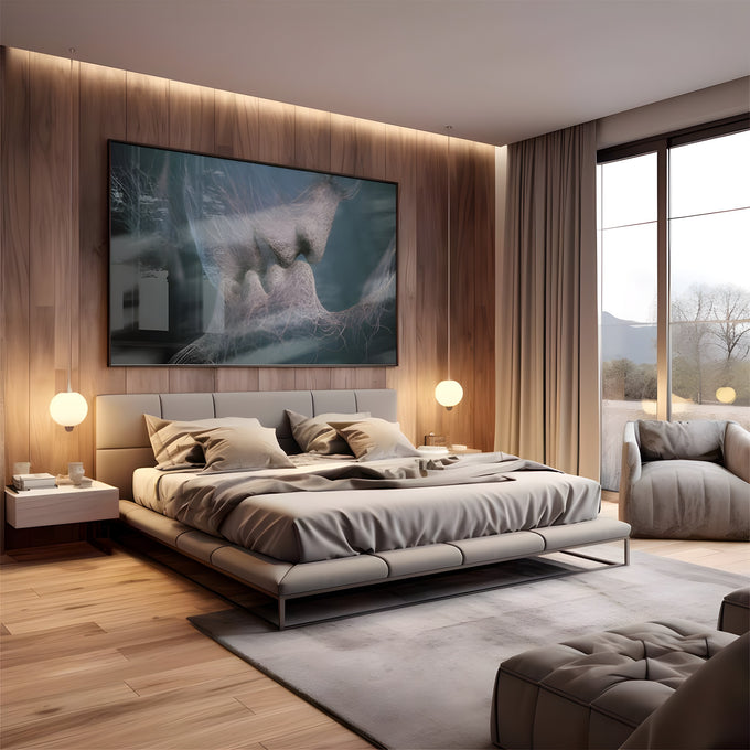 Dois rostos feitos de fios finos se beijando sobre fundo azul petróleo, quadro decorativo
