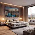 Vista aérea da Dubai Marina com arranha-céus iluminados e água azul ao entardecer, quadro decorativo