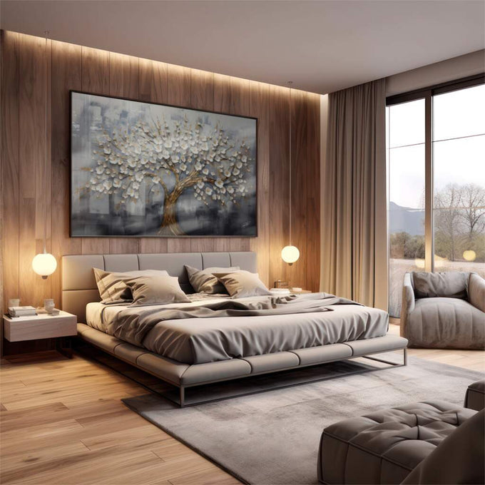 Quadro Decorativo Árvore da Vida Dourada: Luxo e Inspiração - quadros decorativos 1 Tela, 1 Tela Horizontal - em escritorio elegante