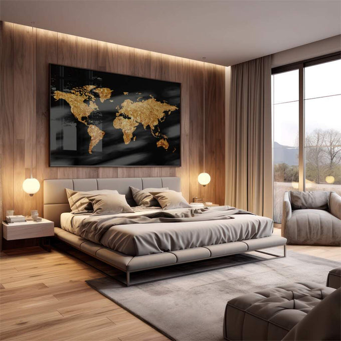 Quadro Decorativo: Mapa Mundi Elegante em Ouro e Preto - quadros decorativos 1 Tela, 1 Tela Horizontal - em escritorio elegante