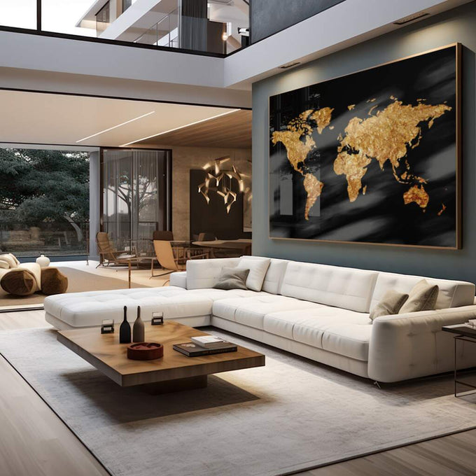 Quadro Decorativo: Mapa Mundi Elegante em Ouro e Preto - quadros decorativos para sala 1 Tela, 1 Tela Horizontal - em living room premium