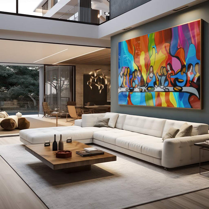 Quadro Decorativo Última Ceia Abstrata: Inspire-se! - quadros decorativos 1 Tela, 1 Tela Horizontal - em sala moderna