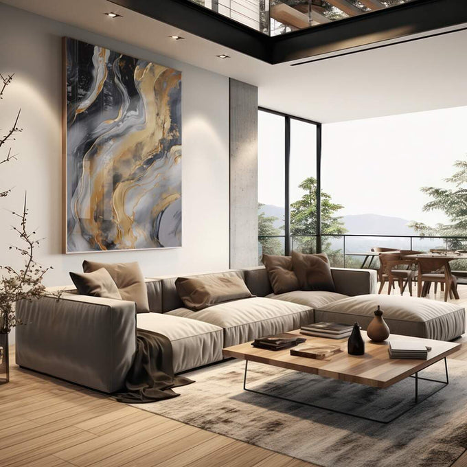 Quadro Decorativo Abstrato Golden: Luxo e Sofisticação - quadros decorativos para sala 1 Tela Vertical, 3 Telas - em living room premium