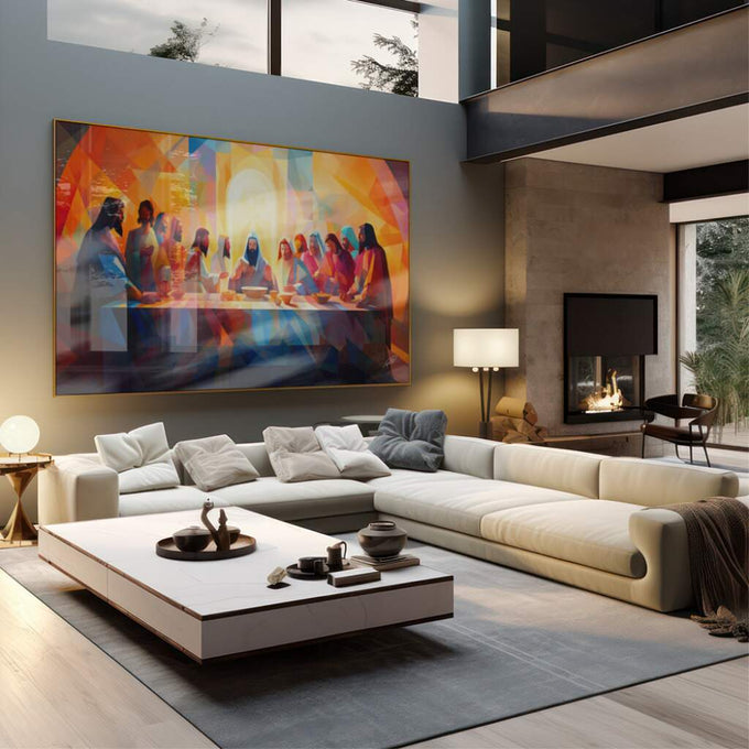Quadro Decorativo Santa Ceia Geométrica: Toque Moderno - quadros decorativos 1 Tela, 1 Tela Horizontal - em sala moderna