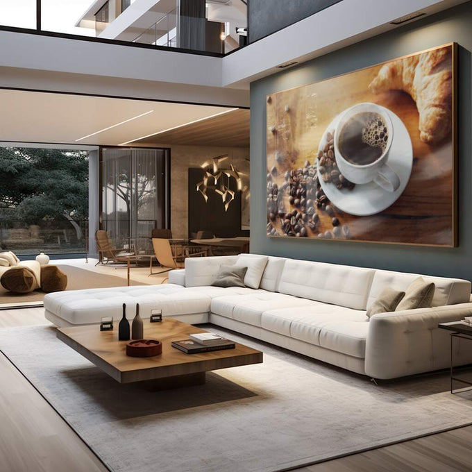Quadro Decorativo Xícara com Croissant: Inspire-se! - quadros decorativos para sala 1 Tela, 1 Tela Horizontal - em living room premium