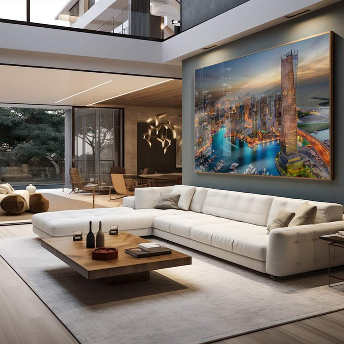 Quadro Decorativo: Esplendor de Dubai no Pôr do Sol - quadros decorativos para sala 1 Tela, 1 Tela Horizontal - em living room premium