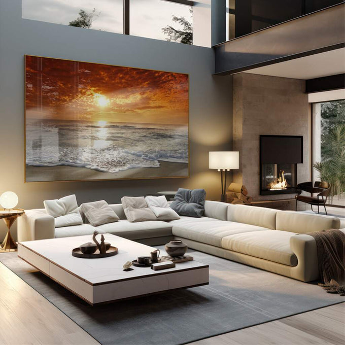 Quadro Decorativo Mar ao Pôr do Sol: Beleza Serena - quadros decorativos para sala 1 Tela, 1 Tela Horizontal - em living room premium
