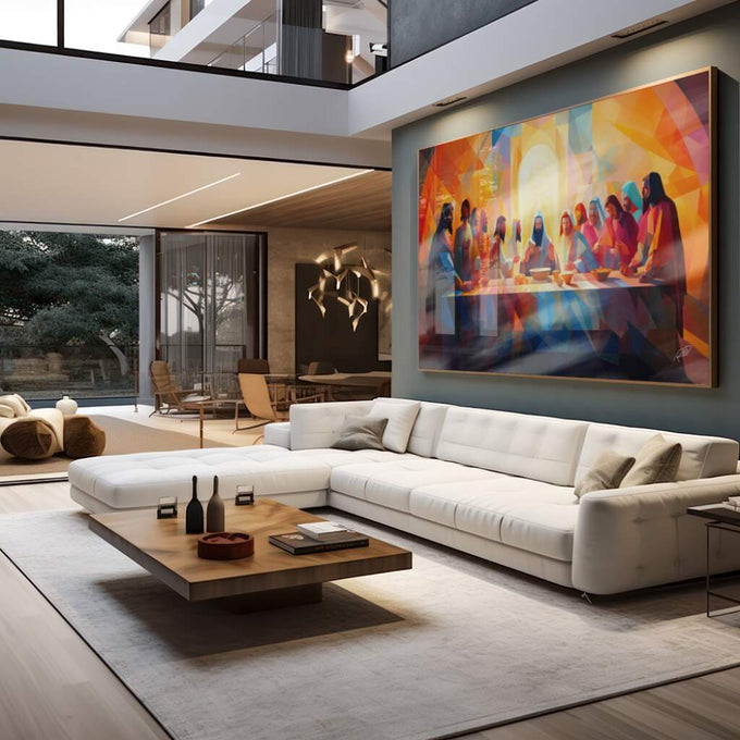 Quadro Decorativo Santa Ceia Geométrica: Toque Moderno - quadros decorativos para sala 1 Tela, 1 Tela Horizontal - em quarto contemporaneo