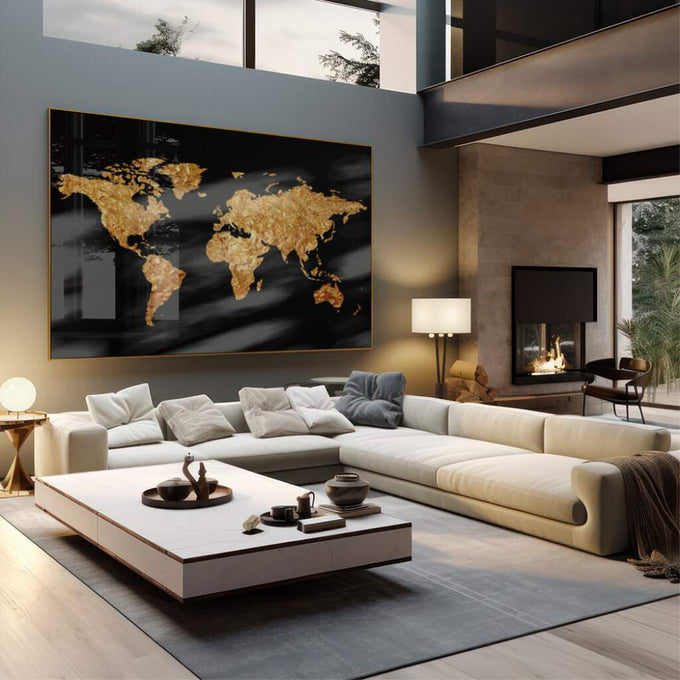 Quadro Decorativo: Mapa Mundi Elegante em Ouro e Preto - quadros decorativos 1 Tela, 1 Tela Horizontal - em sala moderna