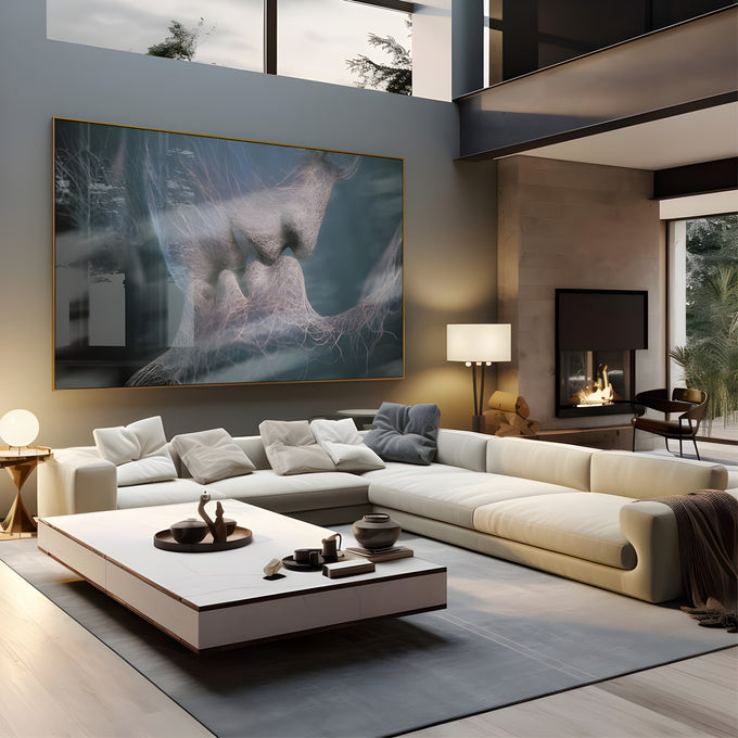 Dois rostos feitos de fios finos se beijando sobre fundo azul petróleo, quadro decorativo