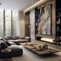 Quadro Decorativo Abstrato Golden: Luxo e Sofisticação - quadros decorativos 1 Tela Vertical, 3 Telas - em sala moderna