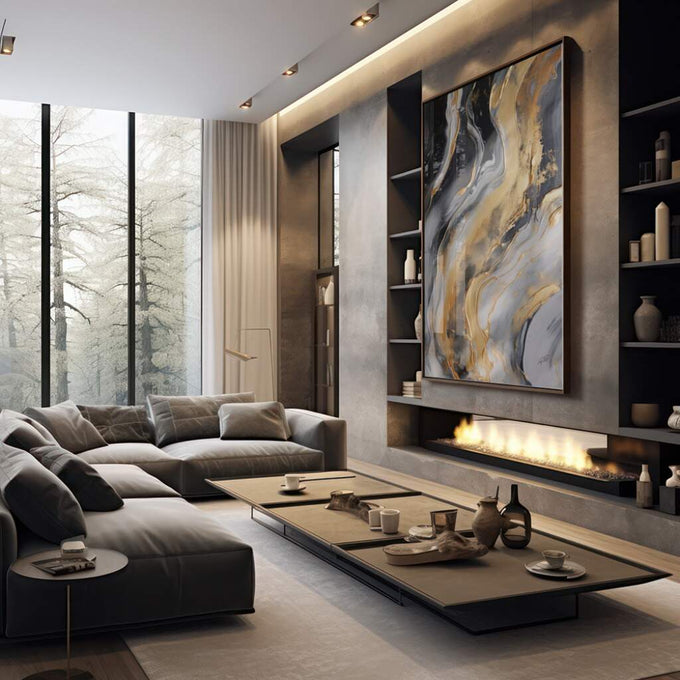 Quadro Decorativo Abstrato Golden: Luxo e Sofisticação - quadros decorativos 1 Tela Vertical, 3 Telas - em sala moderna