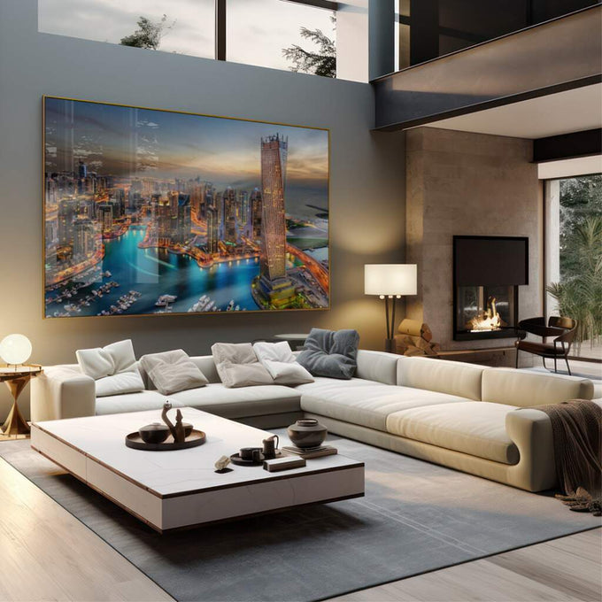 Quadro Decorativo: Esplendor de Dubai no Pôr do Sol - quadros decorativos 1 Tela, 1 Tela Horizontal - em sala moderna