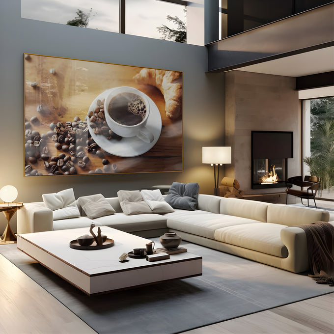 Xícara de café com grãos e croissant sobre mesa de madeira quadro decorativo