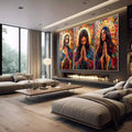 Quadro Decorativo Abstrato de Jesus, Maria e José - quadros decorativos 1 Tela Vertical, 3 Telas - em sala moderna