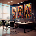 Quadro Decorativo Abstrato de Jesus, Maria e José - quadros decorativos para sala 1 Tela Vertical, 3 Telas - em living room premium