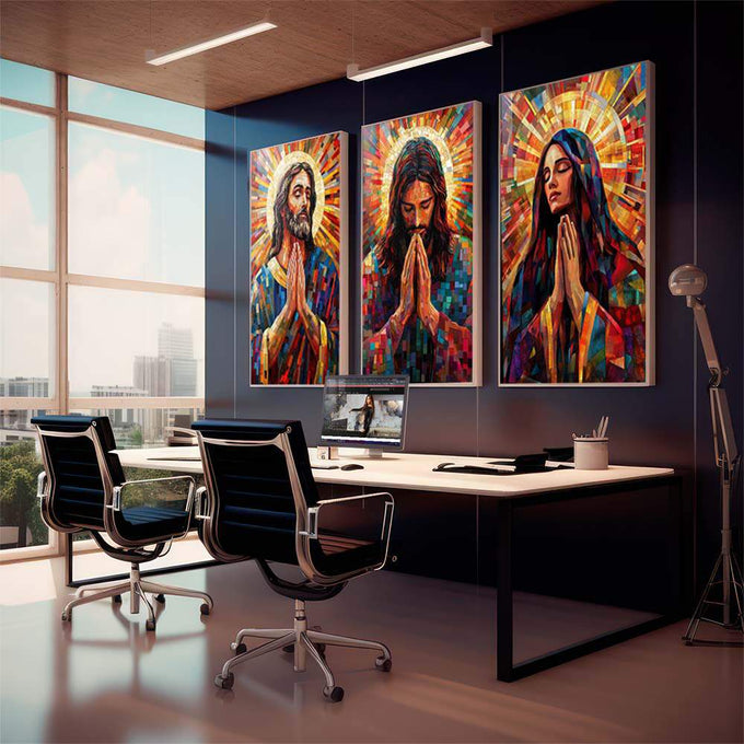 Quadro Decorativo Abstrato de Jesus, Maria e José - quadros decorativos para sala 1 Tela Vertical, 3 Telas - em living room premium