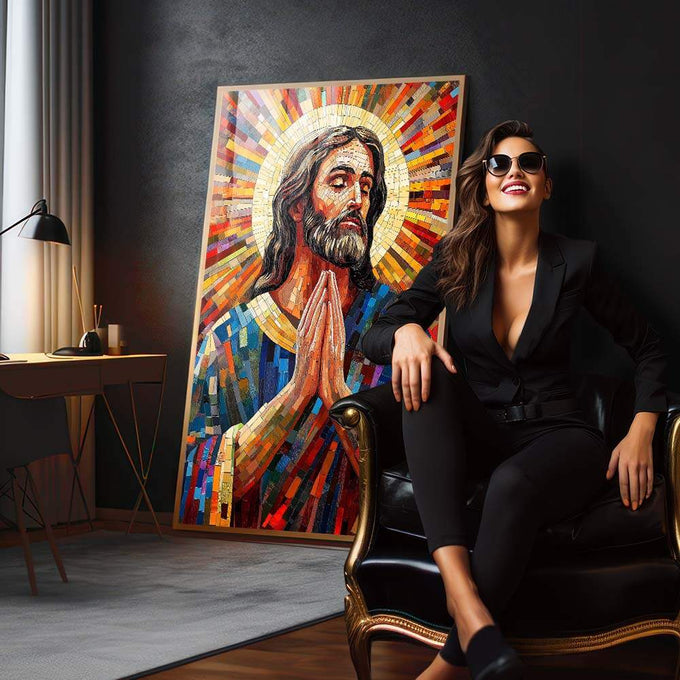 Quadro Decorativo São José em Abstração - quadros decorativos 1 Tela Vertical, 3 Telas - em sala moderna