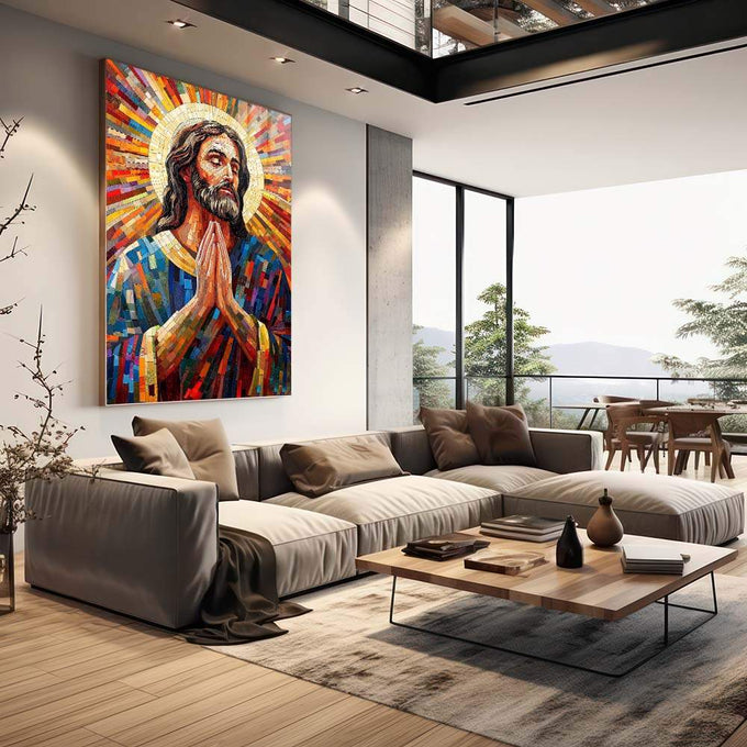 Quadro Decorativo São José em Abstração - quadros decorativos 1 Tela Vertical, 3 Telas - em escritorio elegante