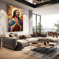 Jesus de mãos postas em oração com auréola dourada em mosaico colorido, quadro decorativo
