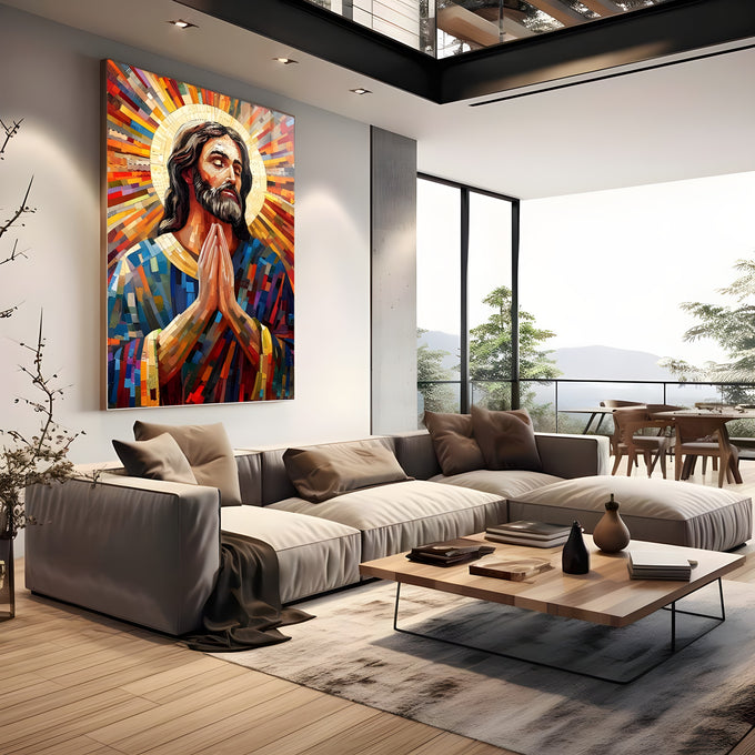 Jesus de mãos postas em oração com auréola dourada em mosaico colorido, quadro decorativo