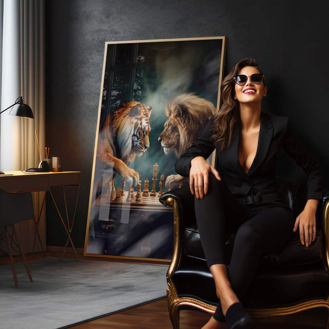 Quadro Decorativo: Majestade Entre Leões e Tigres em Xadrez - quadros decorativos para sala 1 Tela Vertical, 3 Telas - em quarto contemporaneo