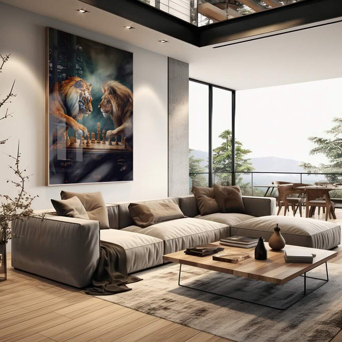 Quadro Decorativo: Majestade Entre Leões e Tigres em Xadrez - quadros decorativos para sala 1 Tela Vertical, 3 Telas - em living room premium