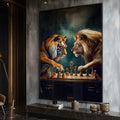 Quadro Decorativo: Majestade Entre Leões e Tigres em Xadrez - quadros decorativos para sala 1 Tela Vertical, 3 Telas - em ambiente decorado