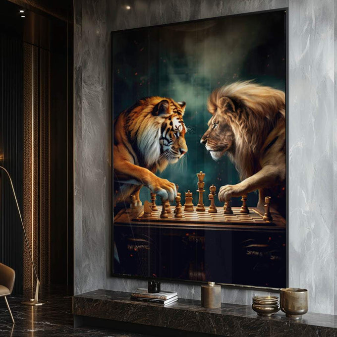Quadro Decorativo: Majestade Entre Leões e Tigres em Xadrez - quadros decorativos para sala 1 Tela Vertical, 3 Telas - em ambiente decorado