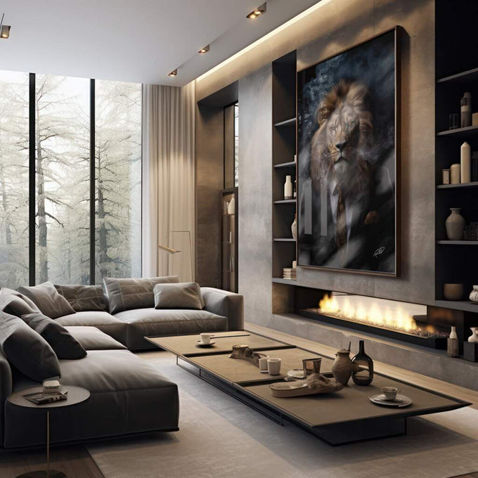 Quadro Decorativo Leão Elegante: Sofisticação Pura - quadros decorativos 1 Tela Vertical, 3 Telas - em sala moderna