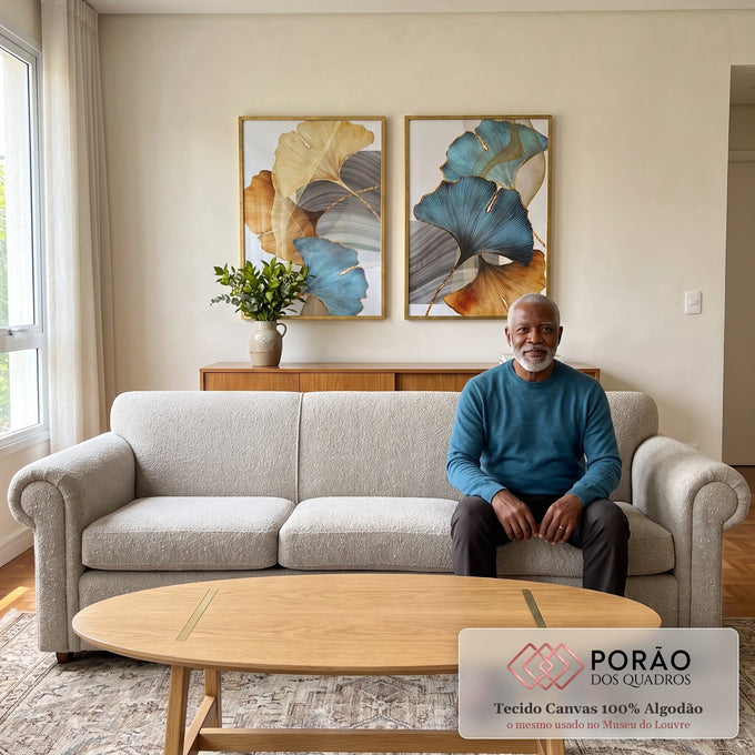 Quadro Decorativo: Folhas de Ginkgo em Azul e Ouro - Magia Visual em sala de estar moderna - quadros decorativos para sala
