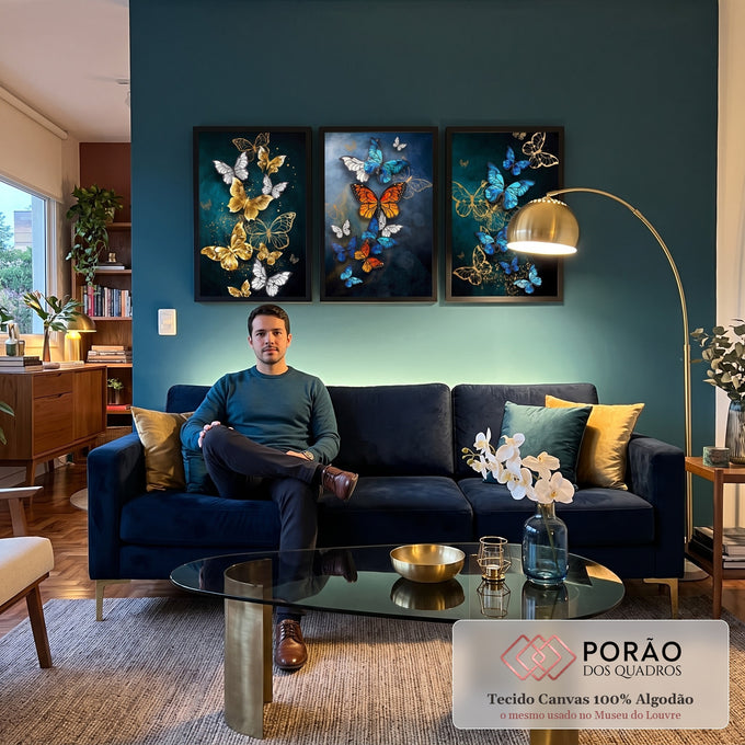 Quadro Decorativo Fascinante Renovação - Dança das Borboletas em sala de estar moderna - quadros decorativos para sala
