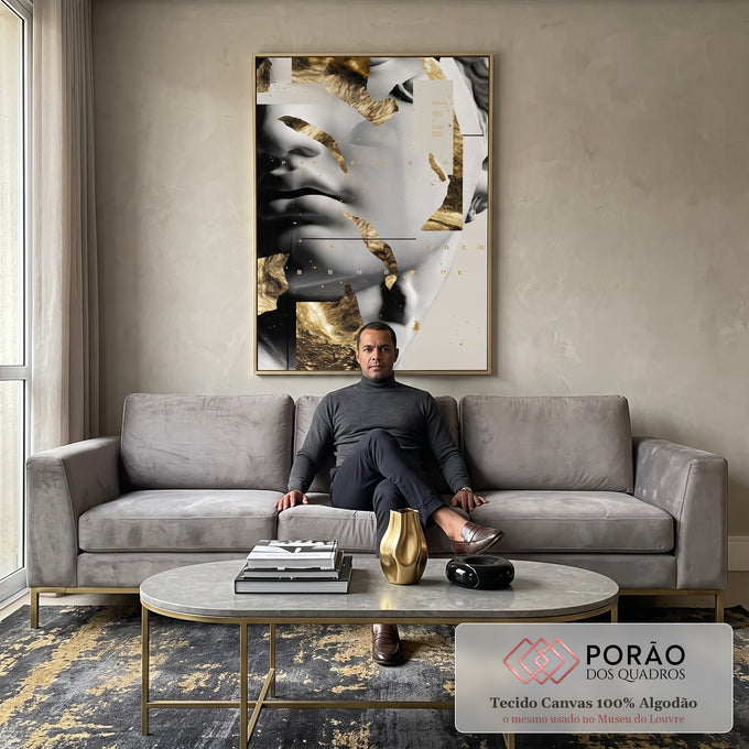 Quadro Decorativo Retrato Moderno com Toque Dourado em sala de estar moderna - quadros decorativos para sala