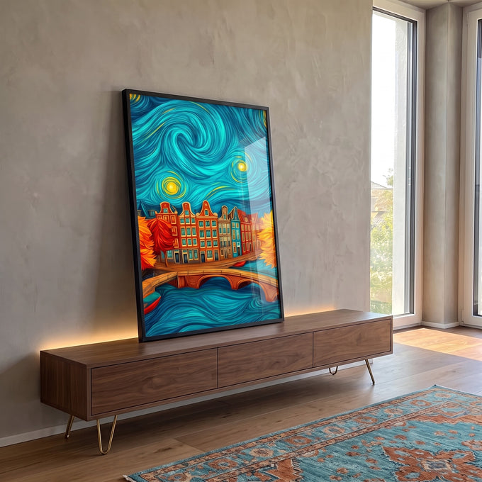 Quadro Decorativo Cidade Sob o Céu Noturno em ambiente decorado - quadros decorativos para sala