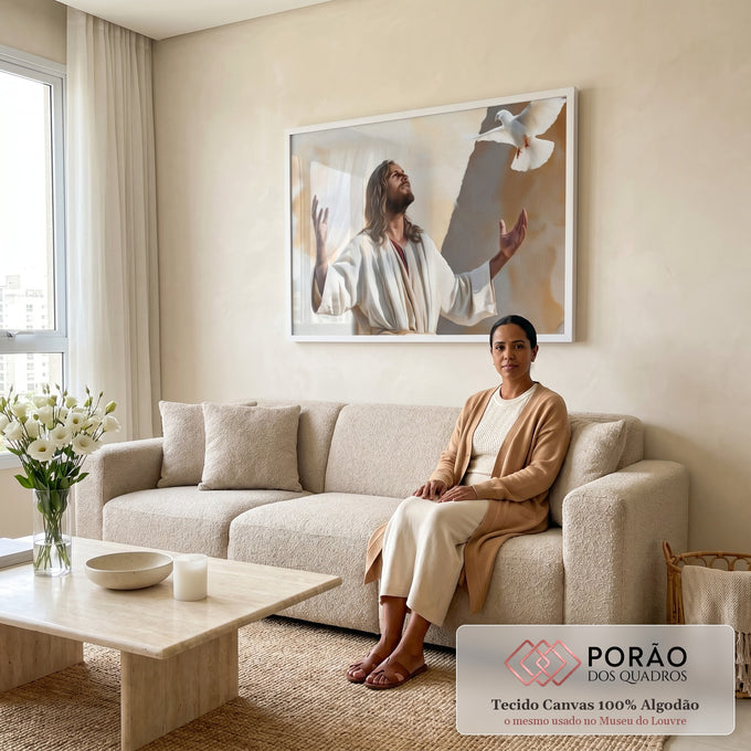 Quadro Decorativo Espiritual de Serenidade e Acolhimento em sala de estar moderna - quadros decorativos para sala
