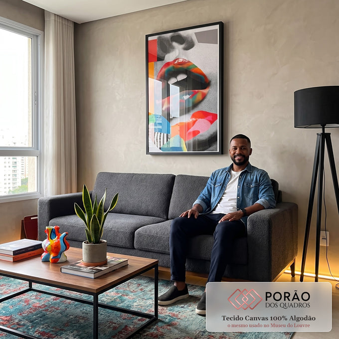 Quadro Decorativo Lábios Vibrantes em sala de estar moderna - quadros decorativos para sala