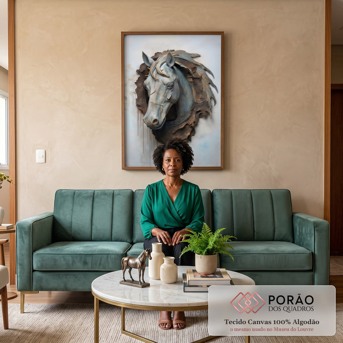 Quadro Decorativo Exclusivo - Busto de Cavalo Inspirador em sala de estar moderna - quadros decorativos para sala