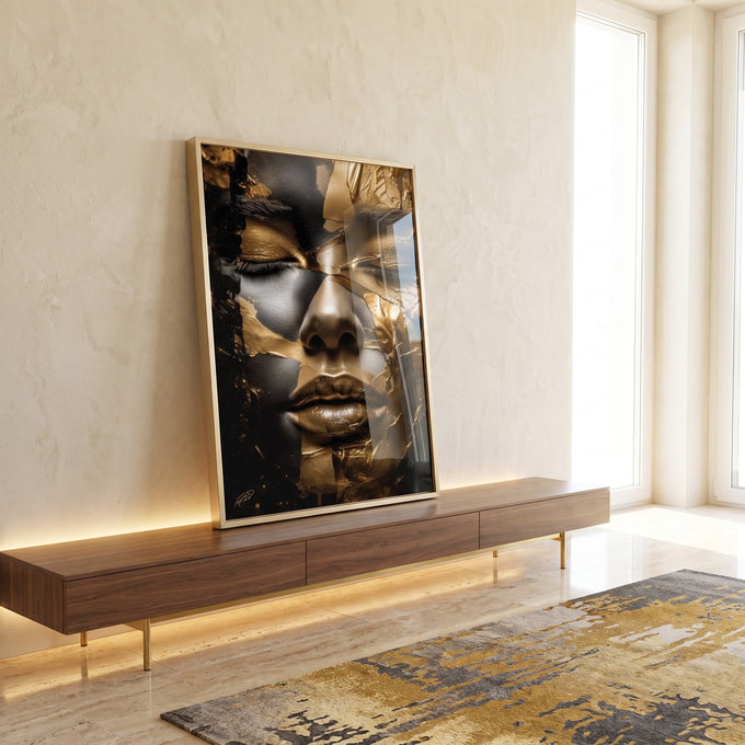 Quadro Decorativo - Luxo Dourado Feminino Inesquecível em ambiente decorado - quadros decorativos para sala