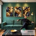 Quadro Decorativo Sofisticação em Folhas Douradas e Pretas em sala de estar moderna - quadros decorativos para sala