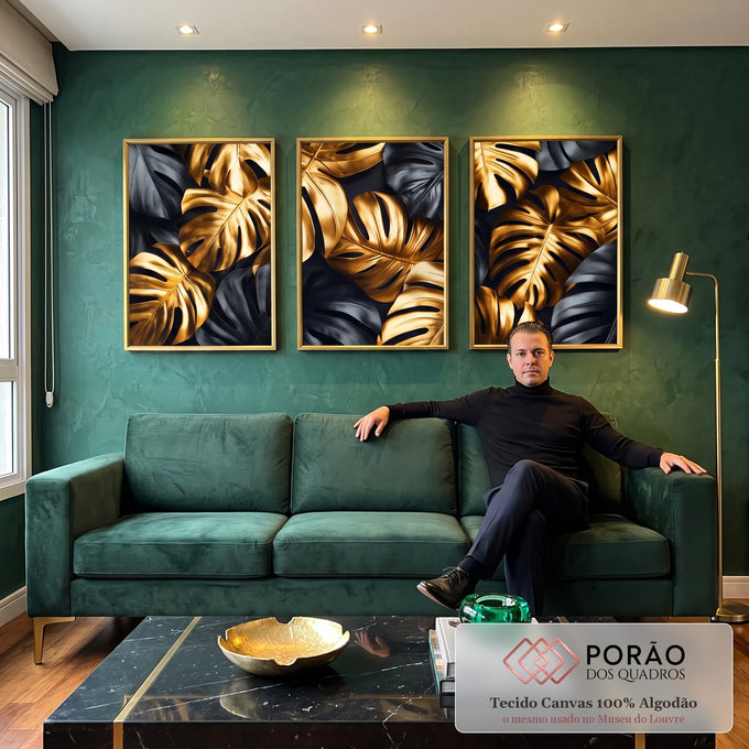 Quadro Decorativo Sofisticação em Folhas Douradas e Pretas em sala de estar moderna - quadros decorativos para sala