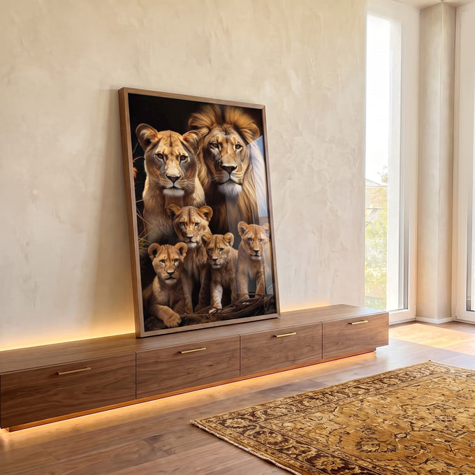 Quadro Decorativo Família de Leão com 4 Filhotes - Arte Sofisticada para Seu Lar em ambiente decorado - quadros decorativos para sala