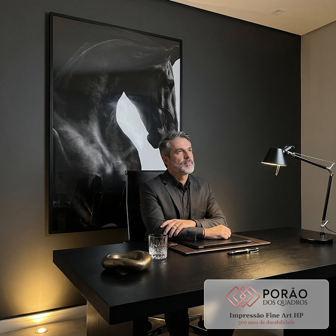 Quadro Decorativo Cavalo Elegante em Preto e Branco em escritorio moderno - quadros decorativos para sala