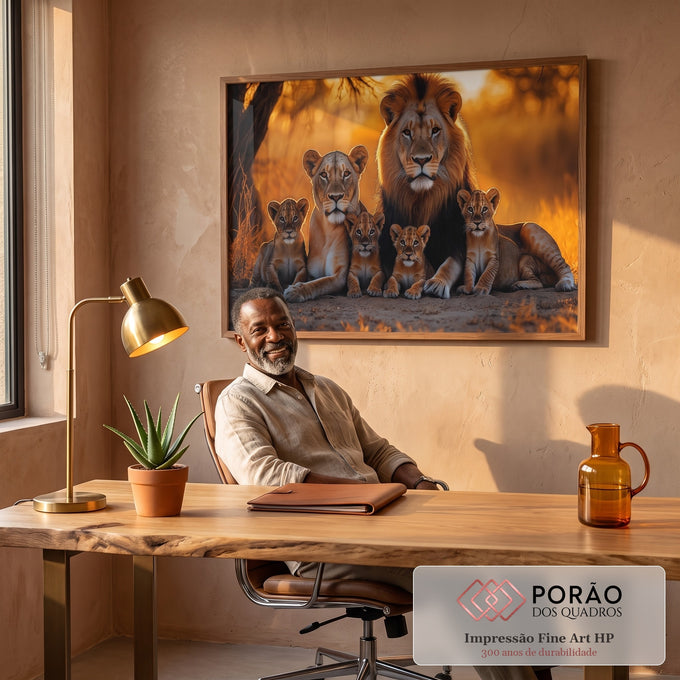Quadro Decorativo Majestosa Família de Leões em escritorio moderno - quadros decorativos para sala