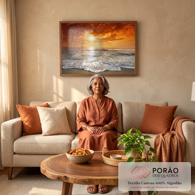 Quadro Decorativo Mar ao Pôr do Sol: Beleza Serena em sala de estar moderna - quadros decorativos para sala