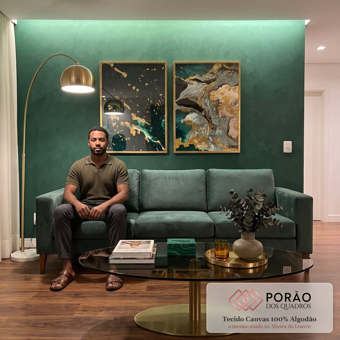Quadro Decorativo Fusão Verde e Ouro - Toque de Energia Único em sala de estar moderna - quadros decorativos para sala