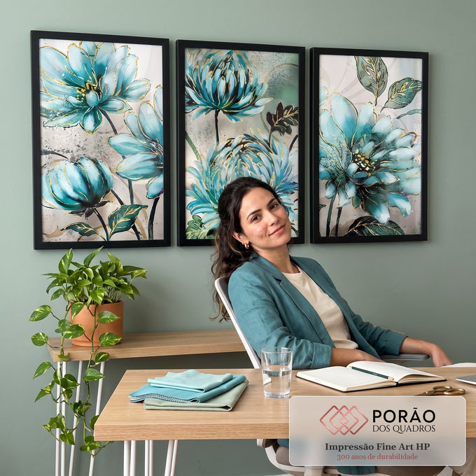 Quadro Decorativo Refrescante Jardim de Flores Azuis em escritorio moderno - quadros decorativos para sala