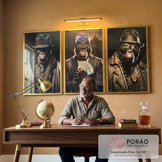 Quadro Decorativo Trio de Macacos Gangsteres - Estilo Único e Moderno em escritorio moderno - quadros decorativos para sala