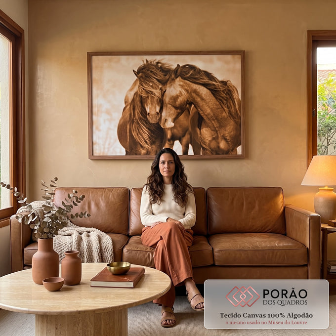 Quadro Decorativo: Abraço Etéreo Equino em Sépia em sala de estar moderna - quadros decorativos para sala