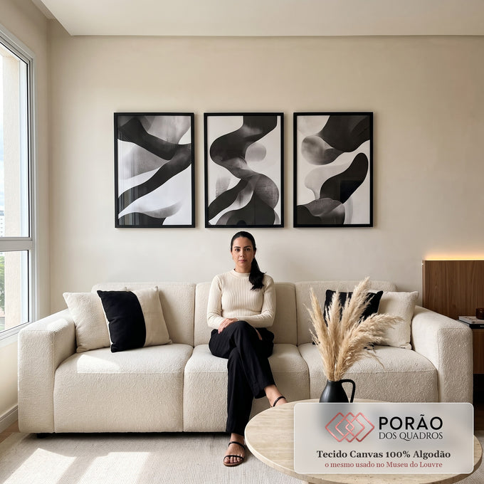 Quadro Decorativo Minimalista Abstrato Preto e Branco em sala de estar moderna - quadros decorativos para sala