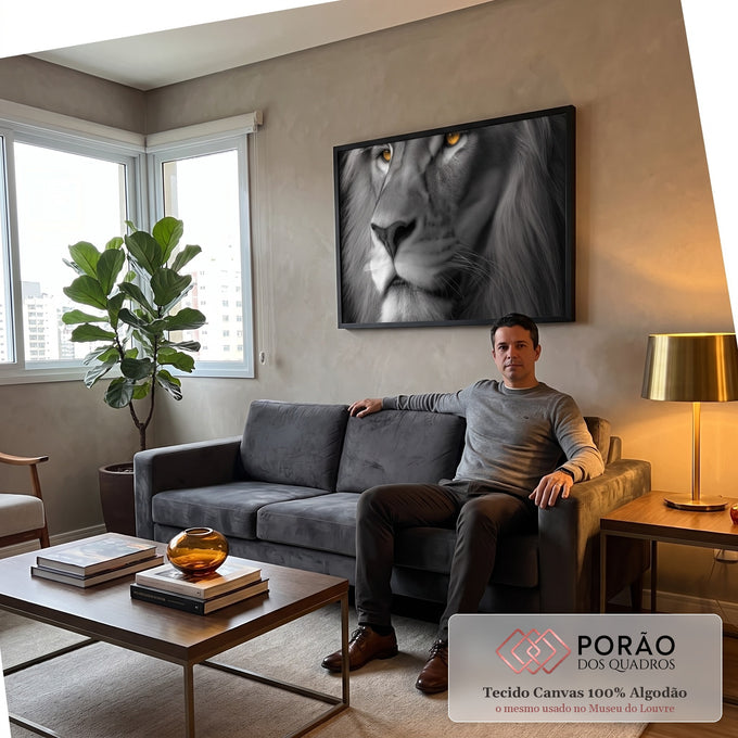Quadro Decorativo - Leão em Preto e Branco em sala de estar moderna - quadros decorativos para sala